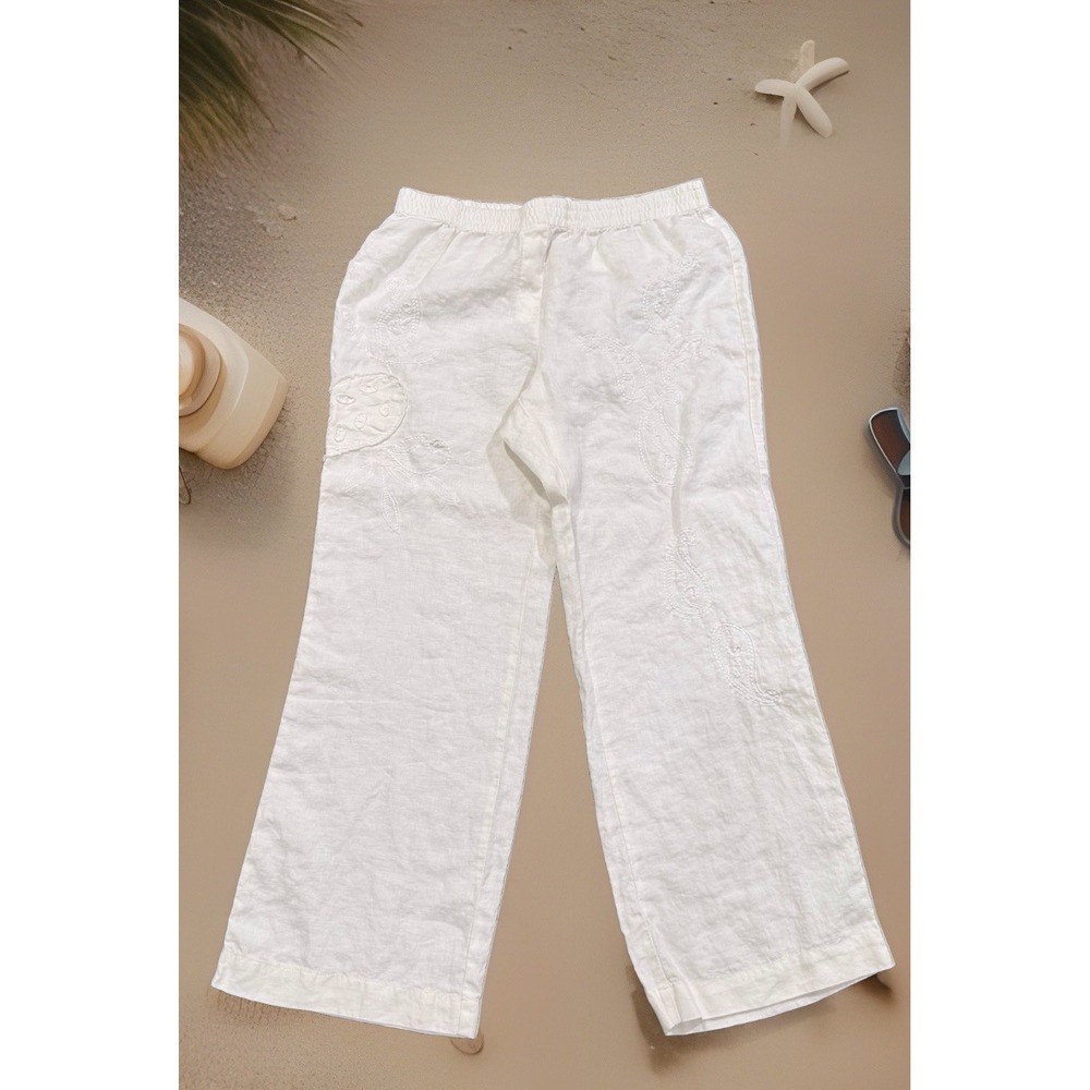 CHICO'S sz 2.5/14 White Linen Wide Leg Pants Embroidered Paisley Langenlook